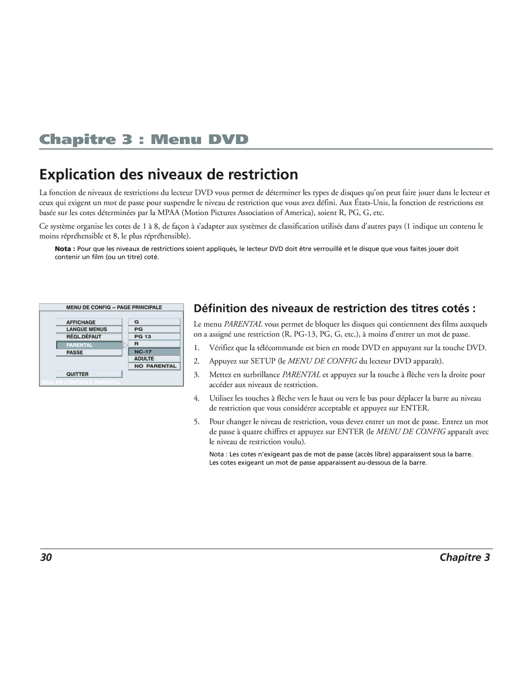 RCA 12L500TD manual Explication des niveaux de restriction, Définition des niveaux de restriction des titres cotés 