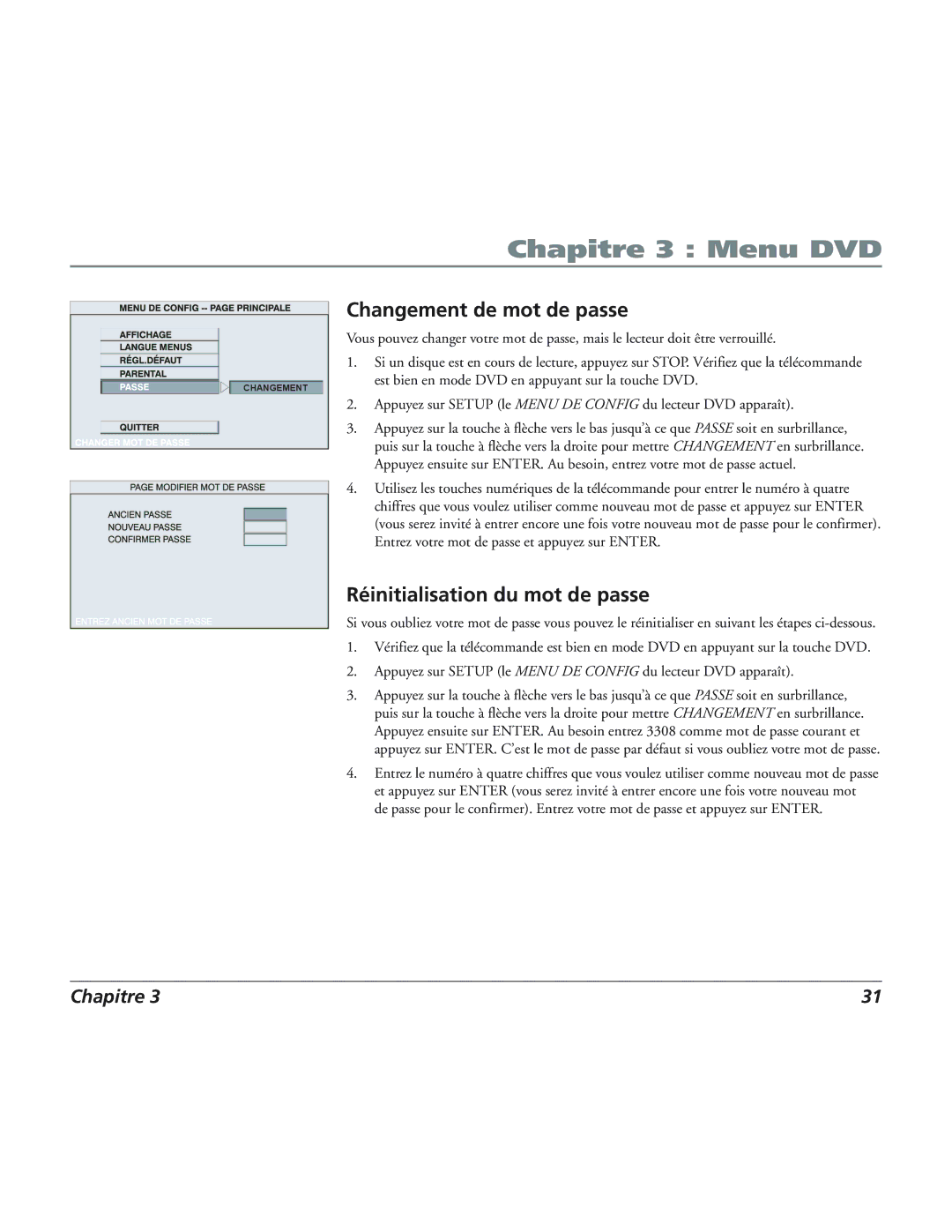 RCA 12L500TD manual Changement de mot de passe, Réinitialisation du mot de passe 