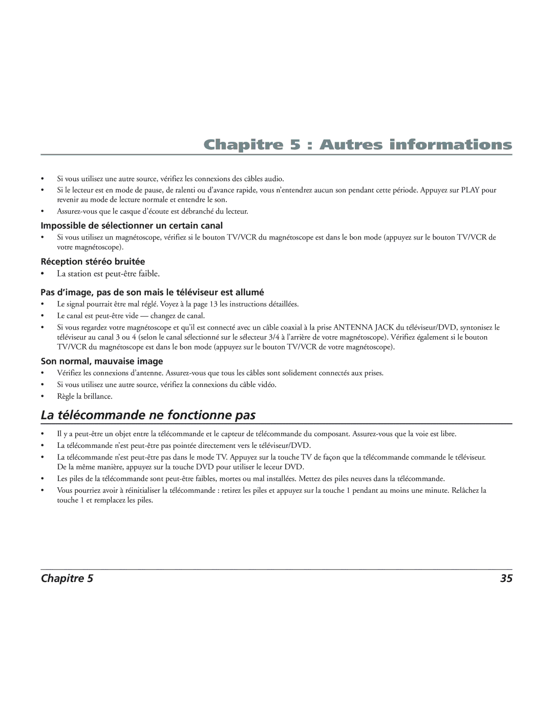 RCA 12L500TD manual Impossible de sélectionner un certain canal, Réception stéréo bruitée, Son normal, mauvaise image 
