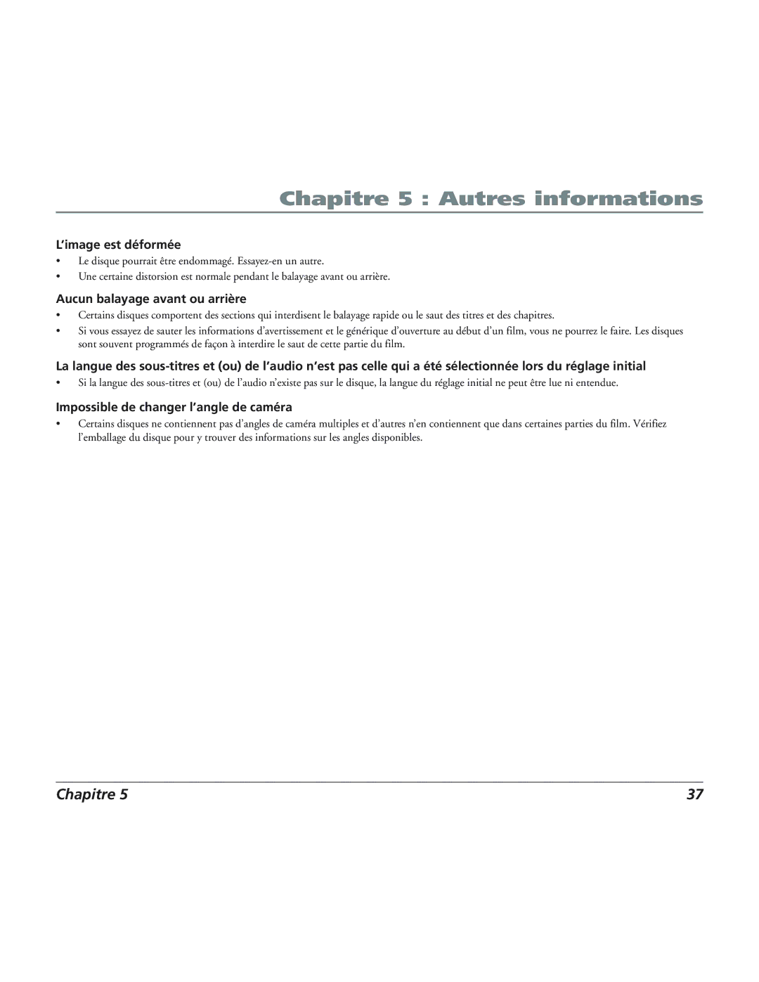 RCA 12L500TD manual ’image est déformée, Aucun balayage avant ou arrière, Impossible de changer l’angle de caméra 
