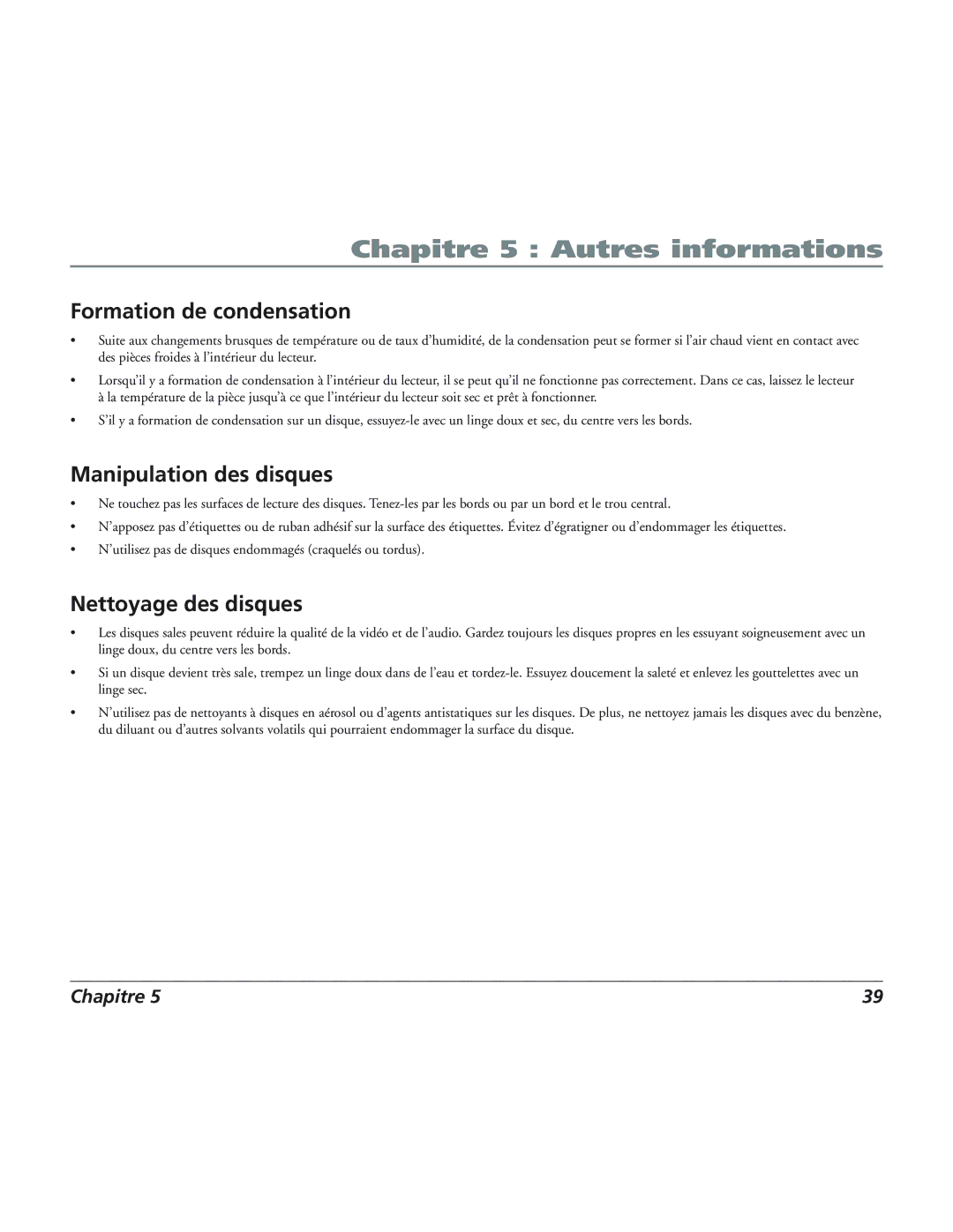 RCA 12L500TD manual Formation de condensation, Manipulation des disques, Nettoyage des disques 