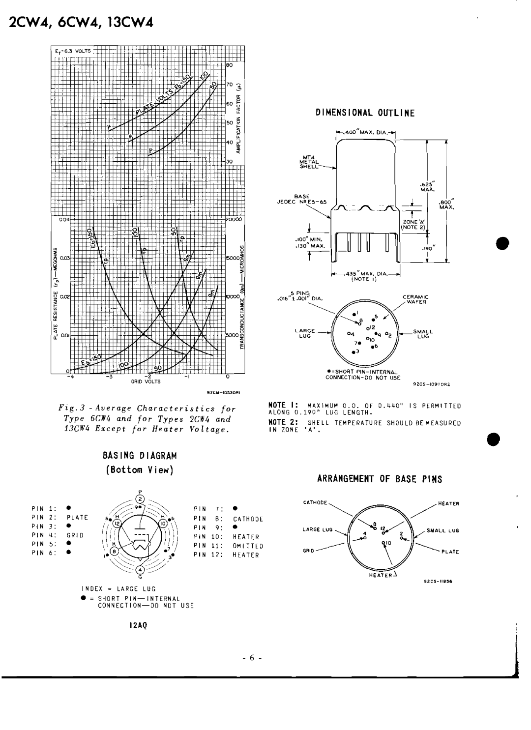 RCA 13CW4, 2CW4, 6CW4 manual Dimensional Outline, Basing Diagram, Arrangement of Base Pins 