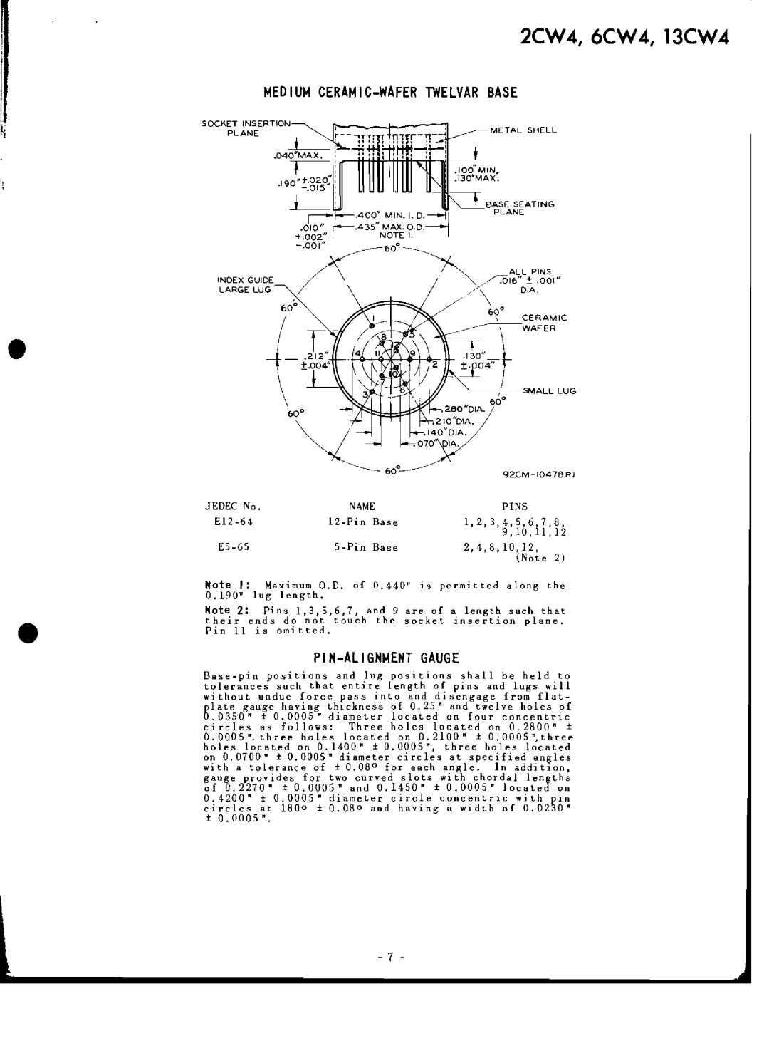 RCA 2CW4, 13CW4, 6CW4 manual Medium CERAMIC-WAFER Twelvar Base, PIN-ALIGNMENT Gauge 