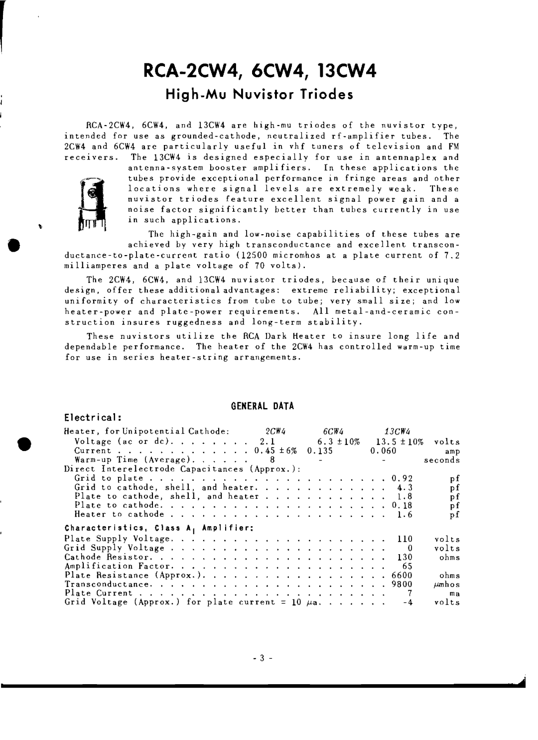 RCA manual RCA-2CW4, 6CW4, 13CW4, High-Mu Nuvistor Triodes, General Data 