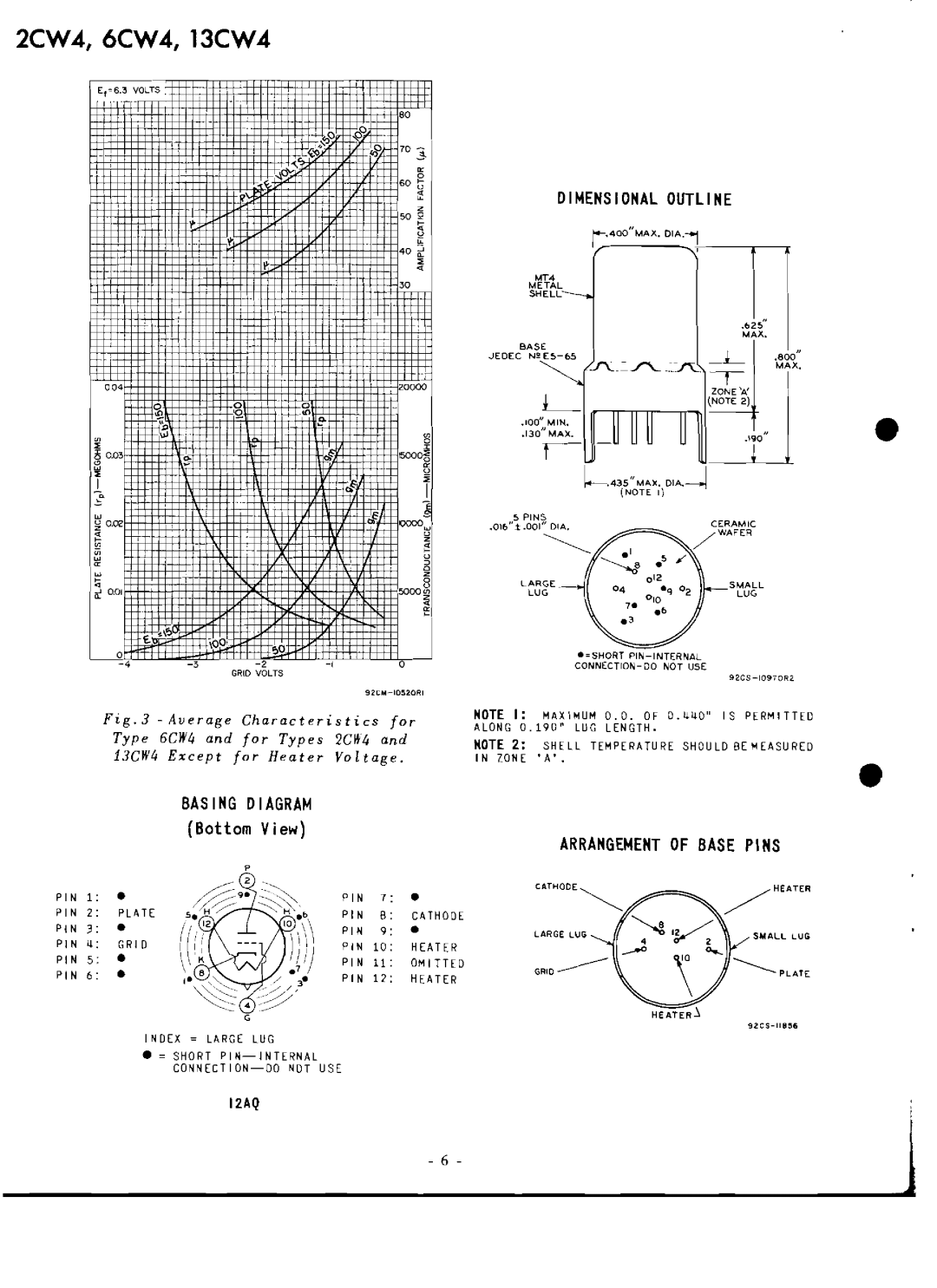 RCA 13CW4 Dimensional Outline, Basing Diagram, Arrangement Of Base Pins, 2CVV4, 6CVV4, 13CVV4, Bottom View, Trn--rr---,n 