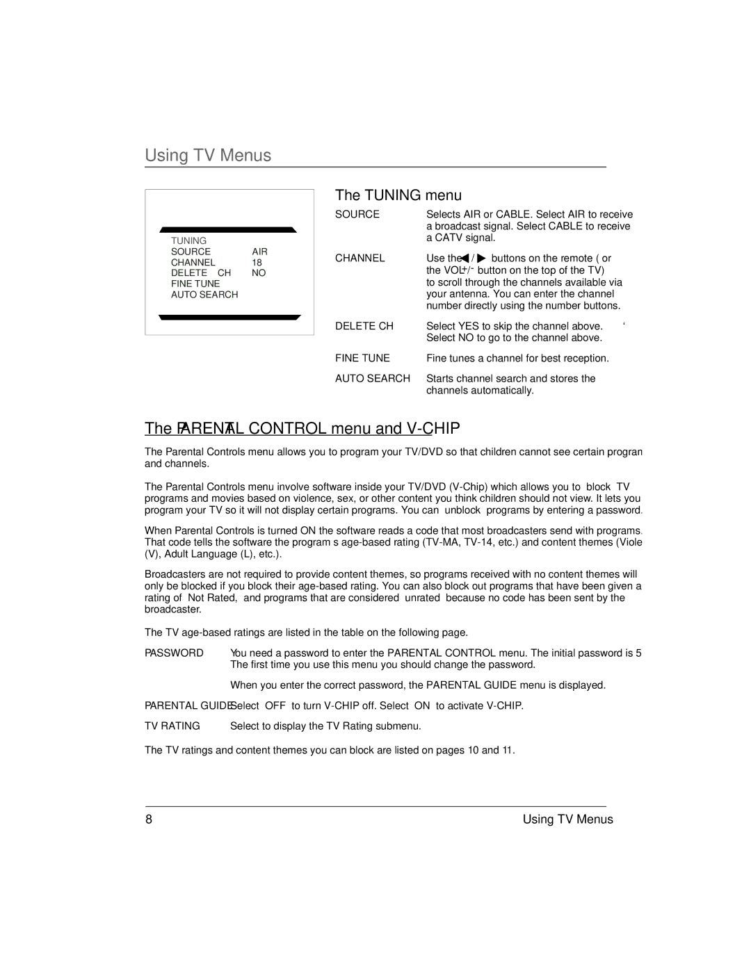 RCA 13R400TD manual Parental Control menu and V-CHIP, Tuning menu 