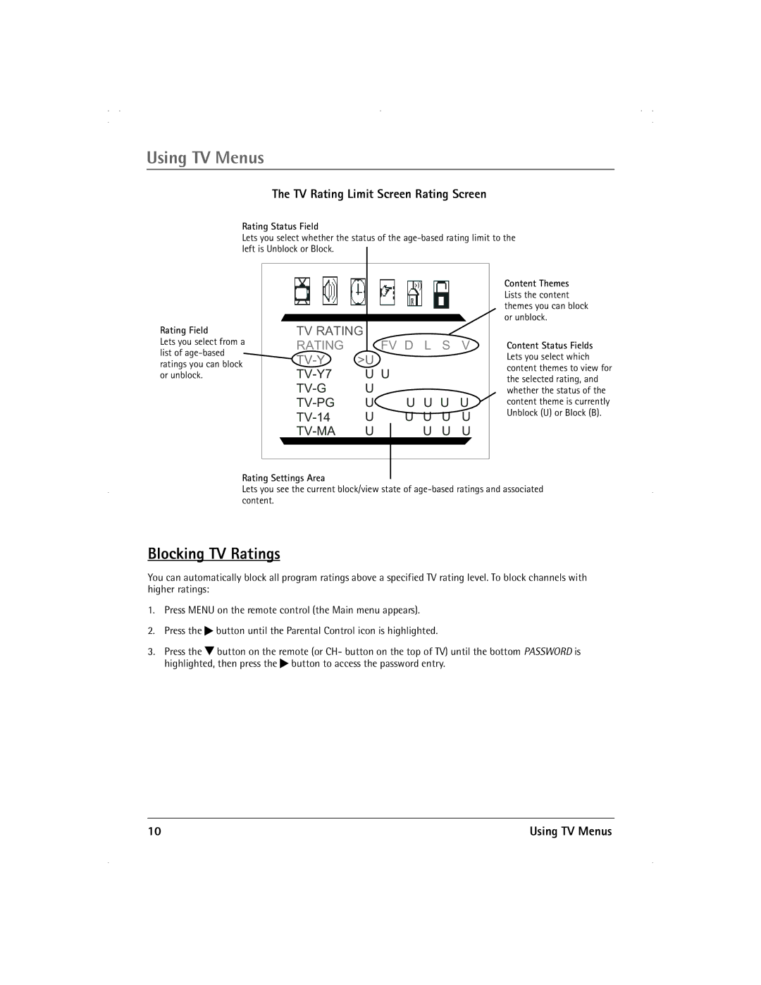 RCA 13R400TD manual Blocking TV Ratings, TV Rating Limit Screen Rating Screen 