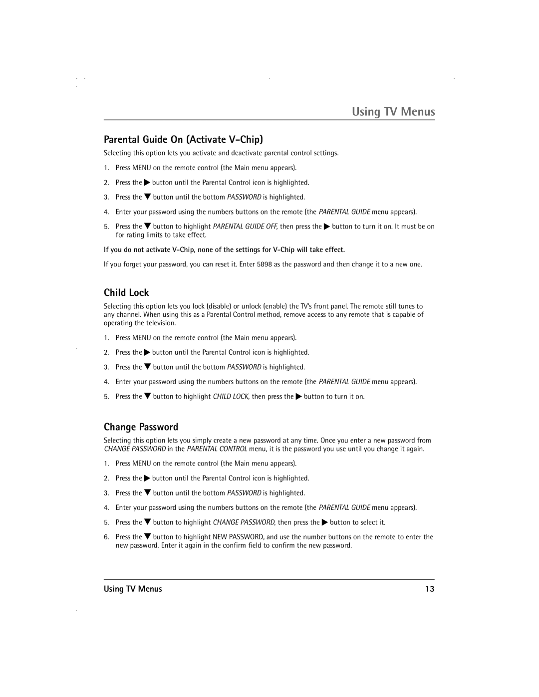 RCA 13R400TD manual Parental Guide On Activate V-Chip, Child Lock, Change Password 