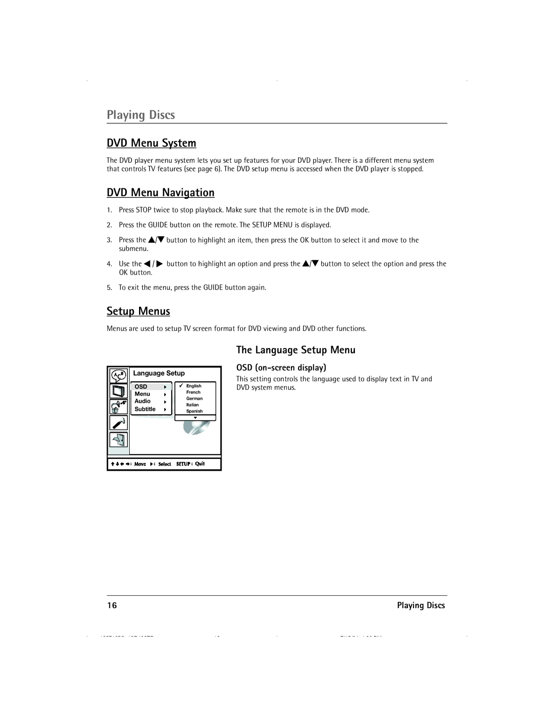 RCA 13R400TD manual DVD Menu System, DVD Menu Navigation, Setup Menus, Language Setup Menu, OSD on-screen display 