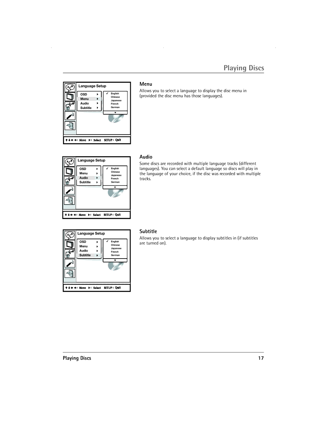 RCA 13R400TD manual Menu, Audio, Subtitle 