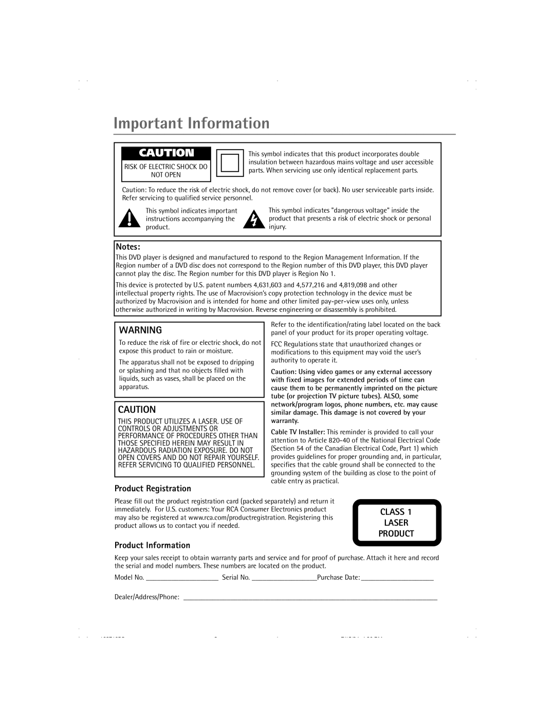 RCA 13R400TD manual Product Registration, Product Information 