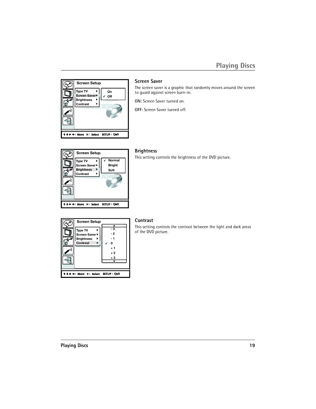 RCA 13R400TD manual Screen Saver, Brightness, Contrast 