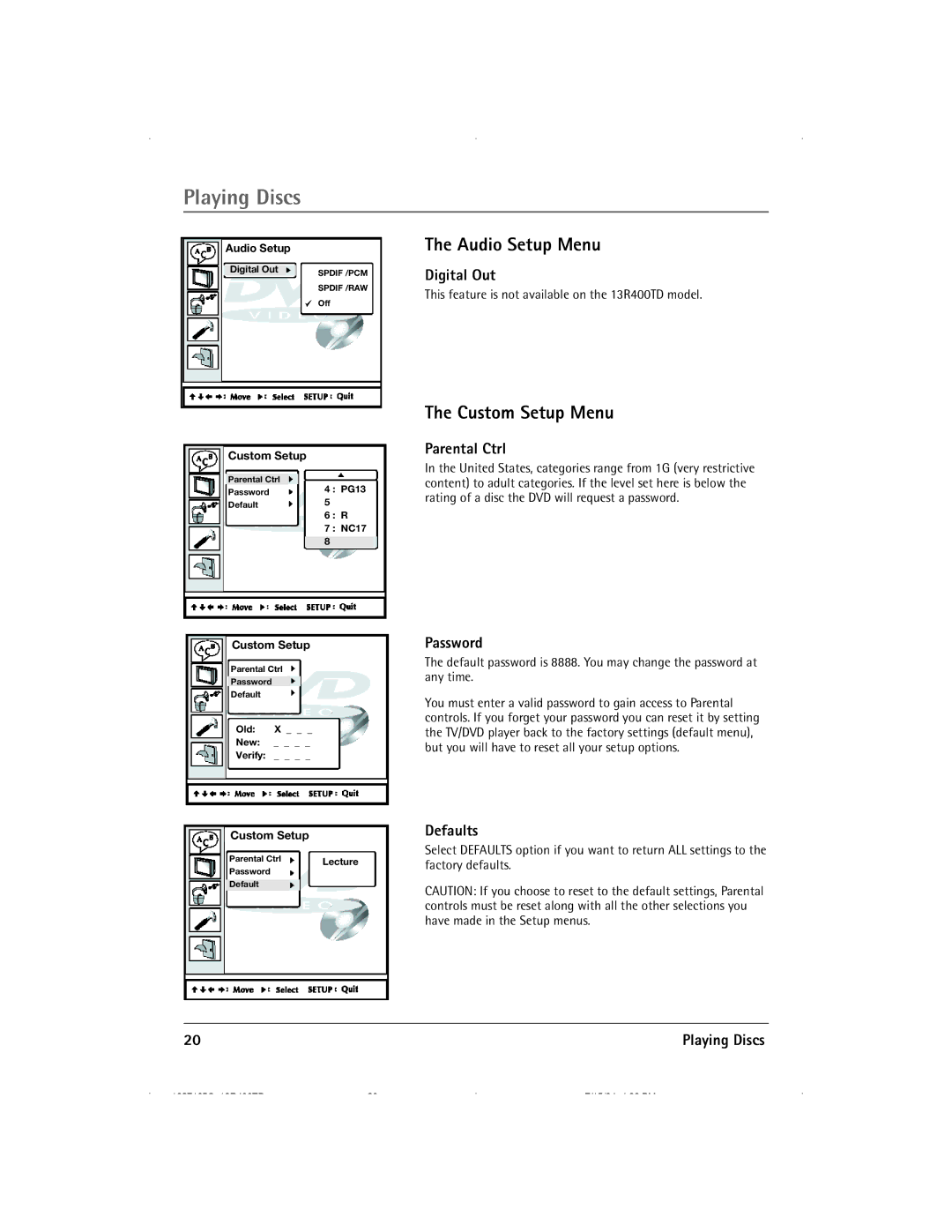 RCA 13R400TD manual Audio Setup Menu, Custom Setup Menu 