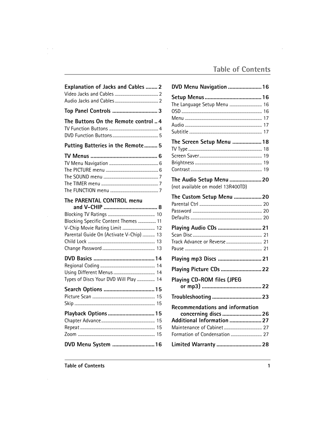 RCA 13R400TD manual Table of Contents 