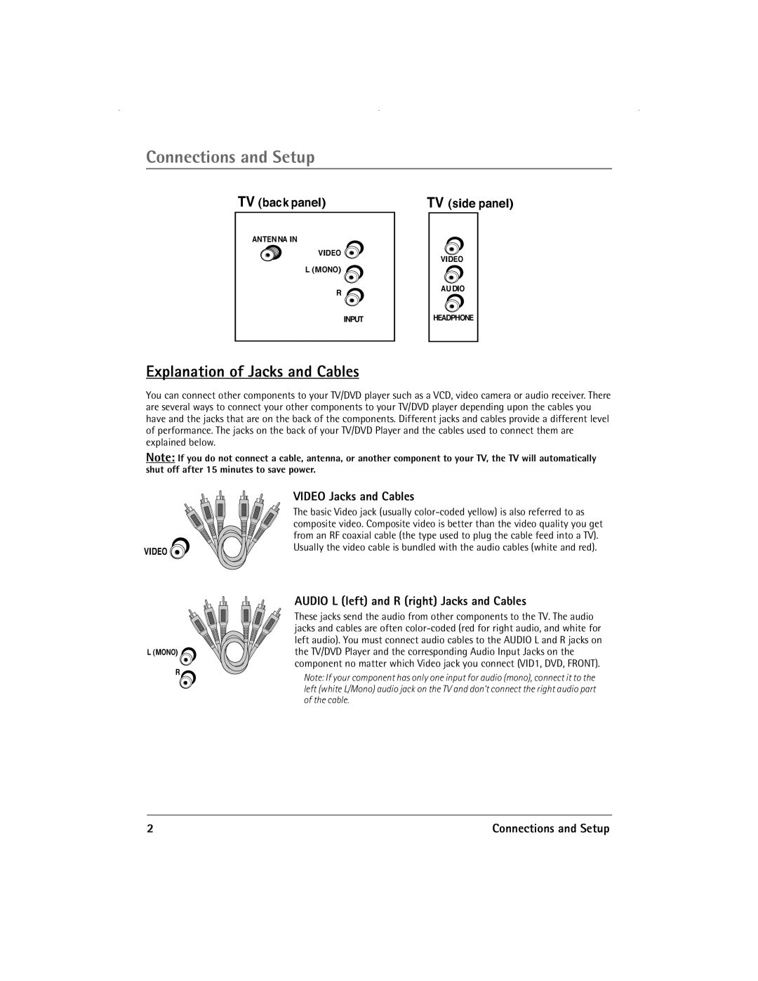 RCA 13R400TD manual Connections and Setup, Explanation of Jacks and Cables, Video Jacks and Cables 