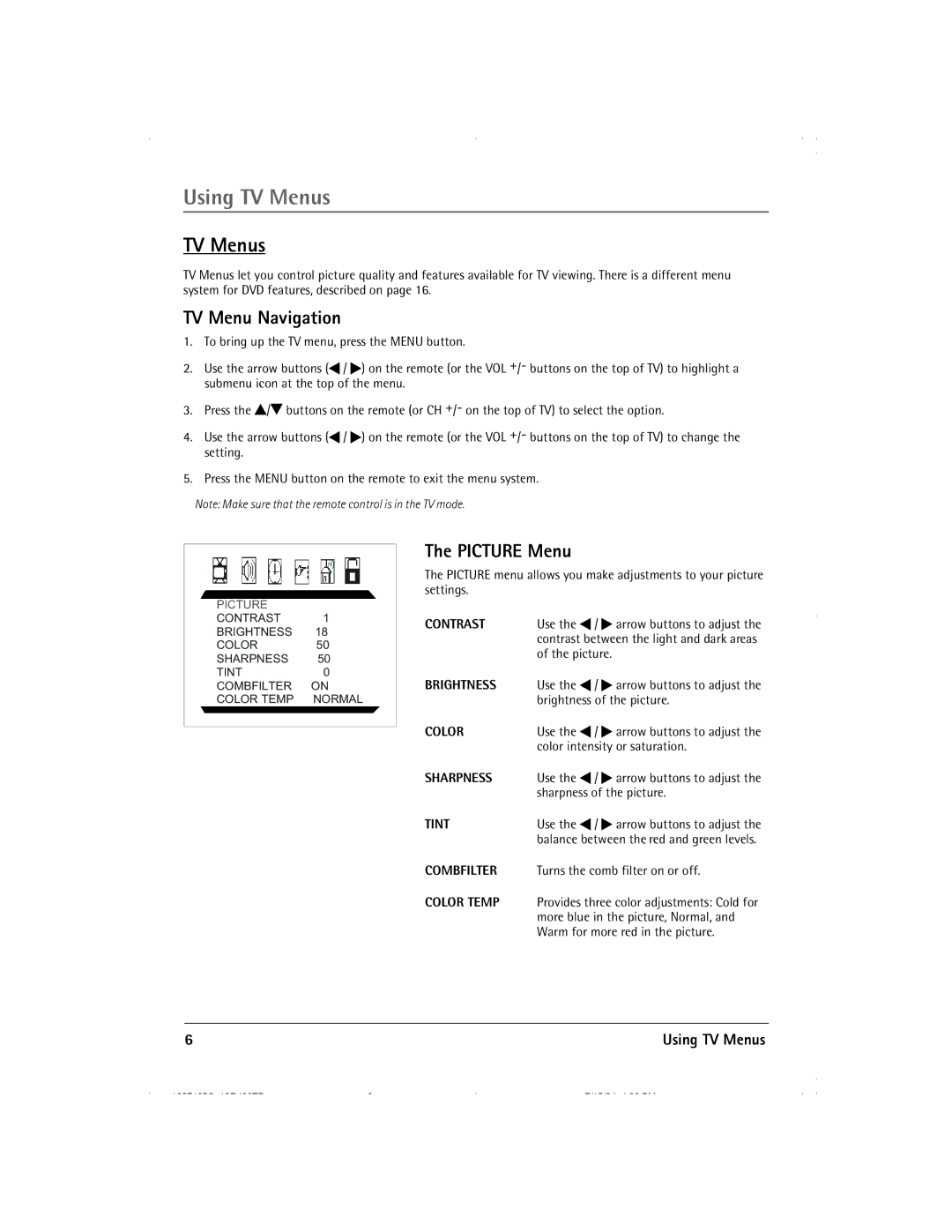 RCA 13R400TD manual Using TV Menus, TV Menu Navigation, Picture Menu 