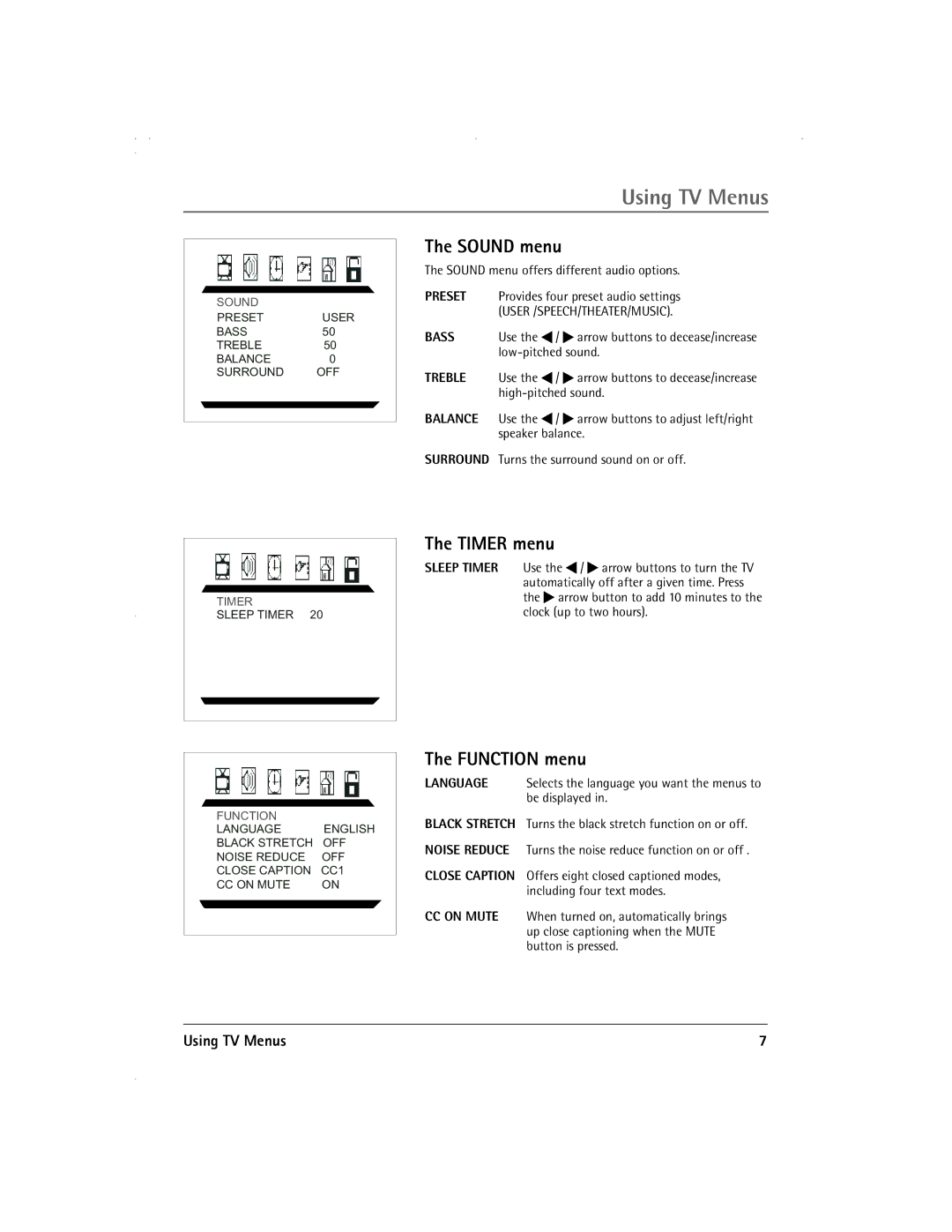 RCA 13R400TD manual Sound menu, Timer menu, Function menu, Using TV Menus 