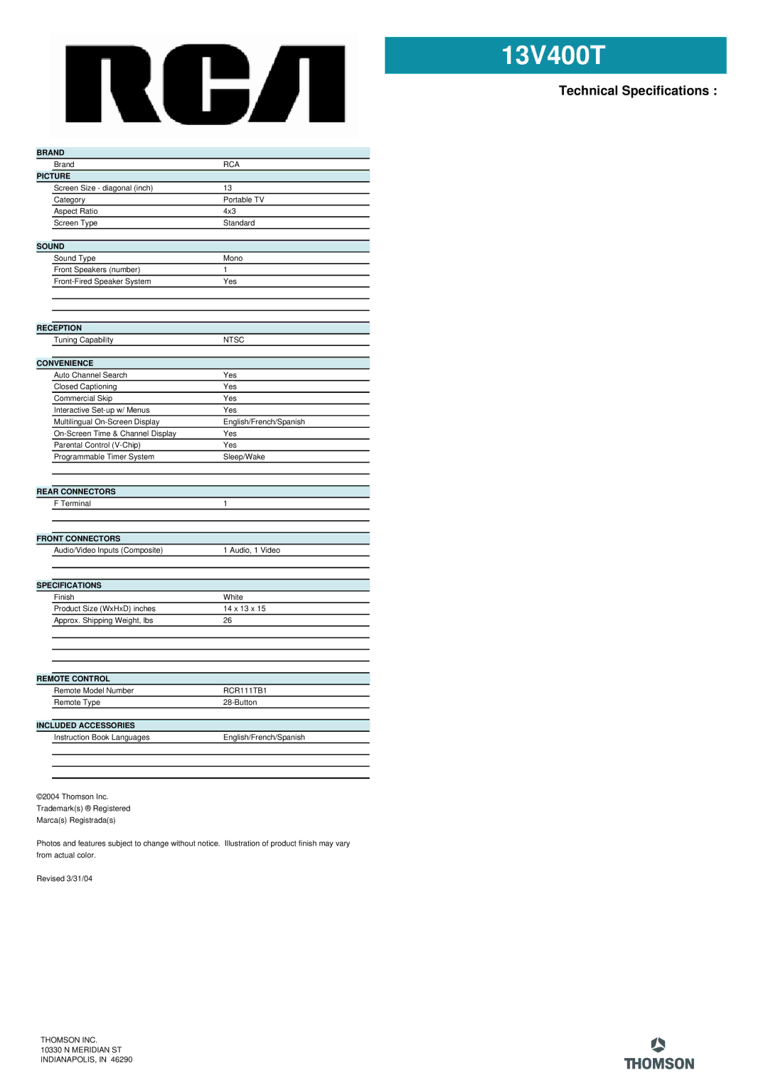 RCA 13V400T manual Technical Specifications 