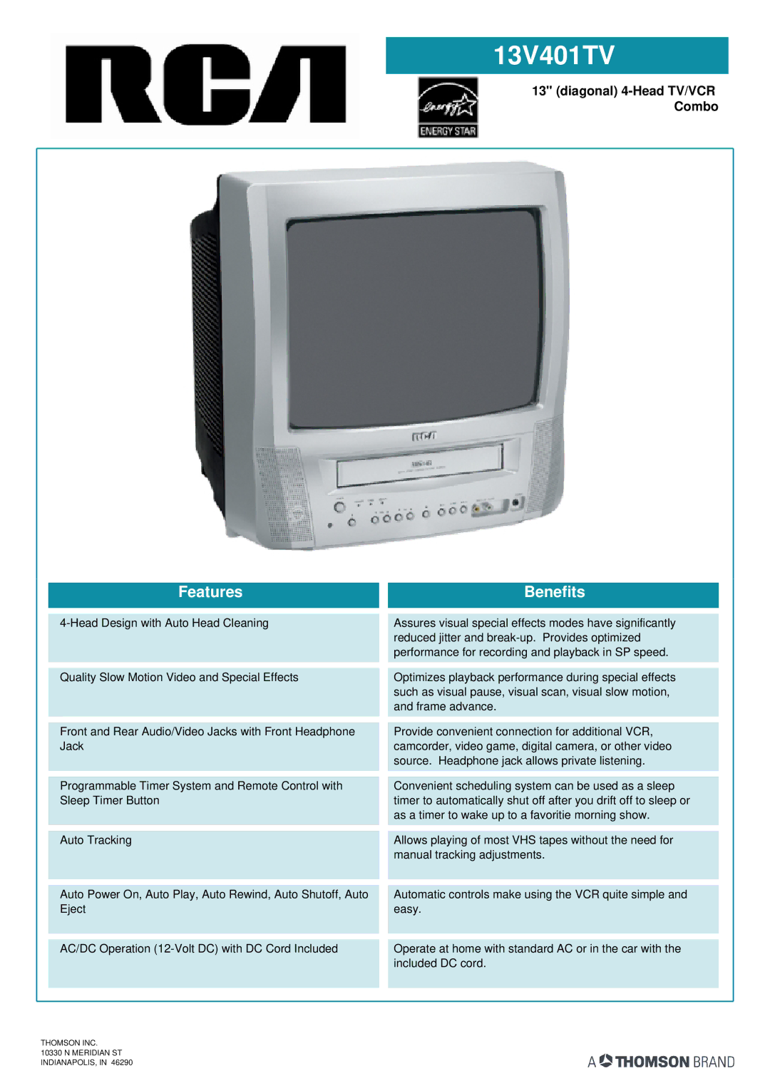 RCA 13V401TV manual Thomson INC Meridian ST INDIANAPOLIS 