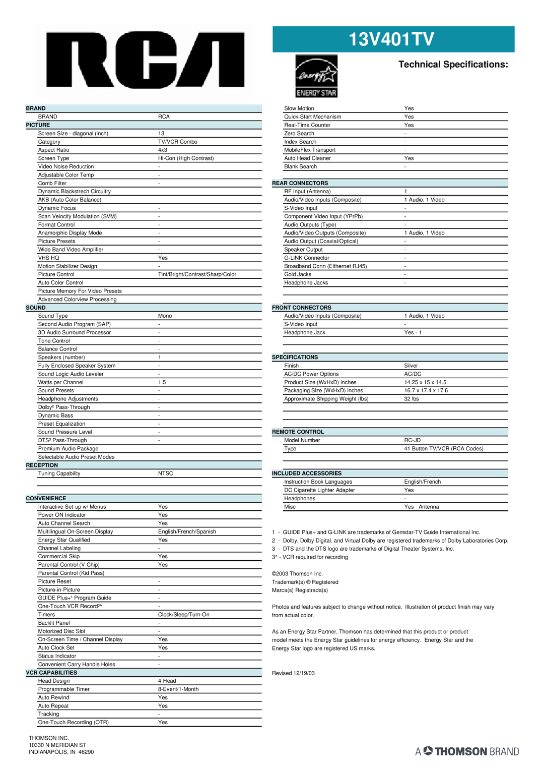 RCA 13V401TV manual Brand, Picture, Sound, Reception, Convenience, VCR Capabilities, Rear Connectors, Front Connectors 