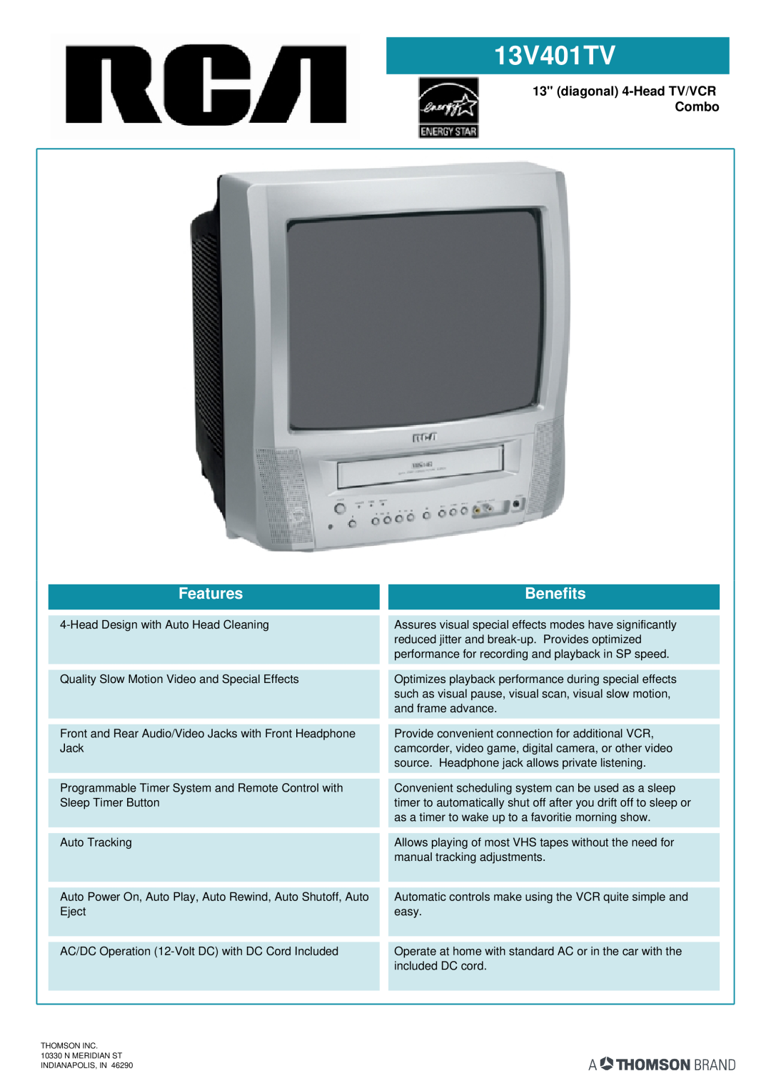 RCA 13V401TV manual diagonal 4-Head TV/VCR Combo, Features, Benefits 
