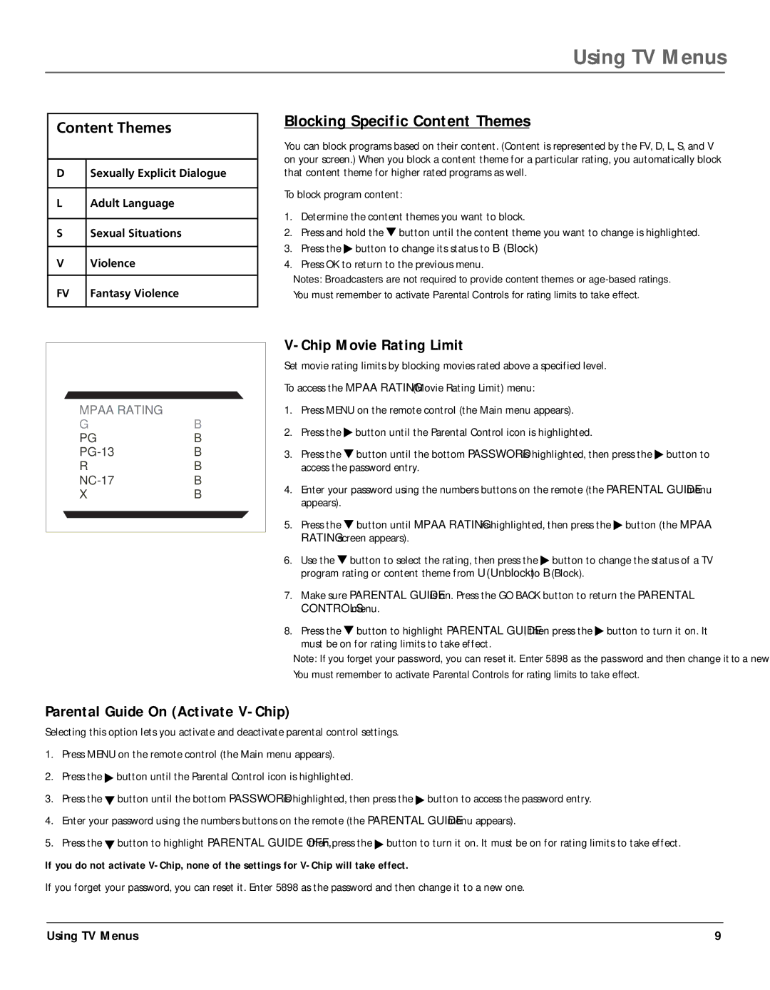 RCA 14F400T manual Blocking Specific Content Themes, Chip Movie Rating Limit, Parental Guide On Activate V-Chip 