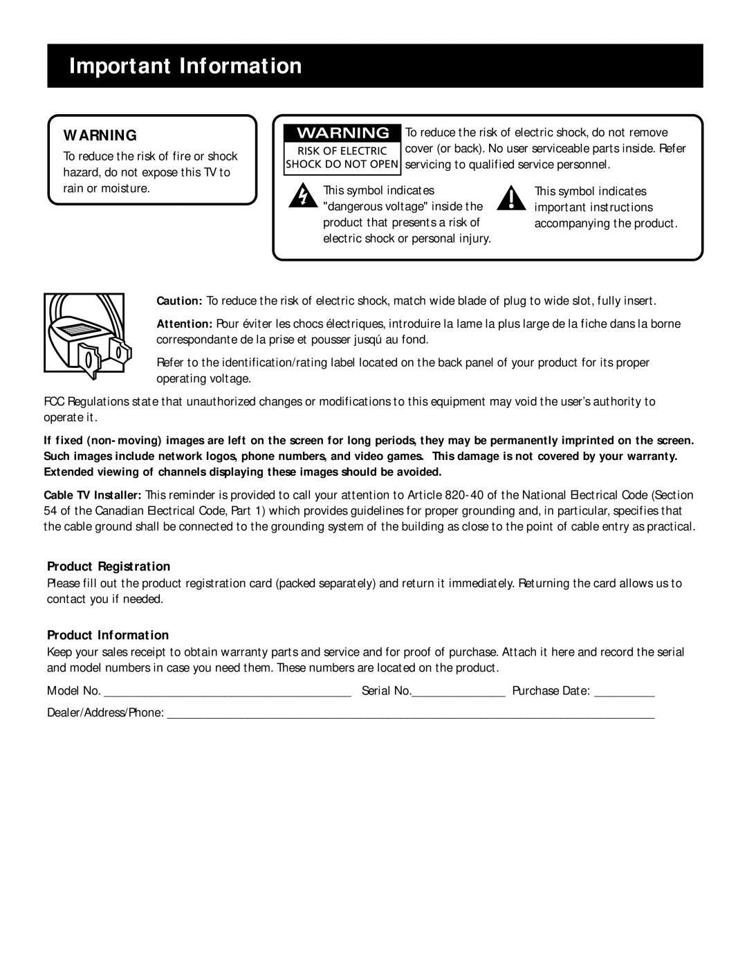 RCA 14F400T manual Product Registration, Product Information 