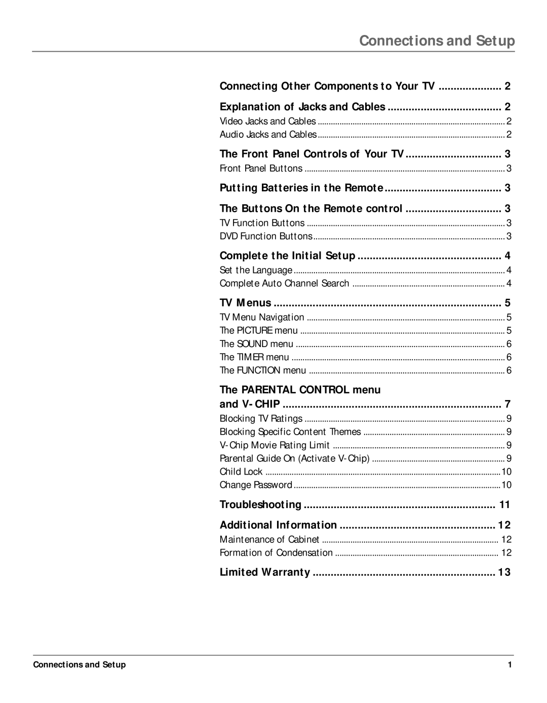 RCA 14F400T manual Parental Control menu, Connecting Other Components to Your TV, Connections and Setup 