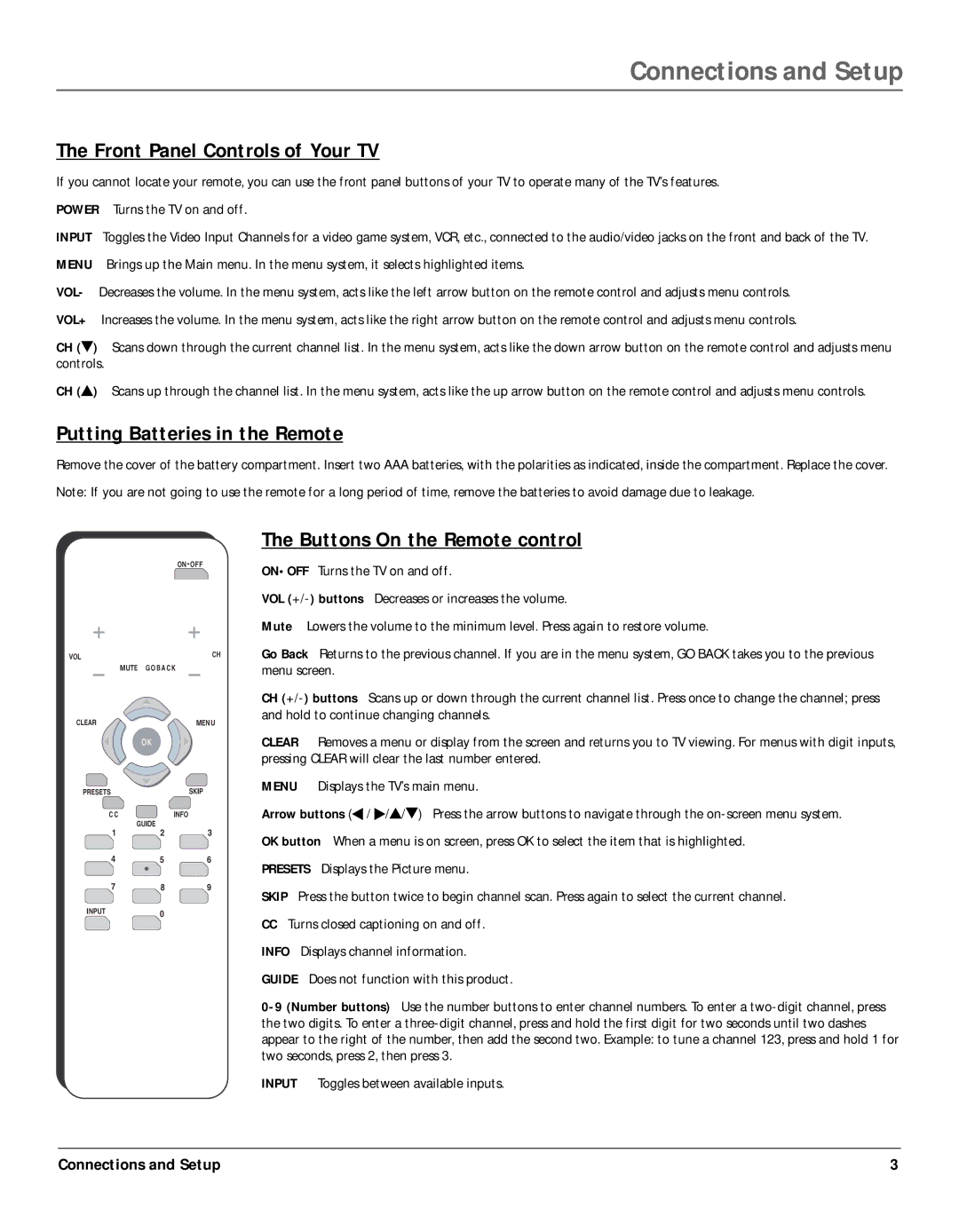 RCA 14F400T manual Front Panel Controls of Your TV, Putting Batteries in the Remote, Buttons On the Remote control 