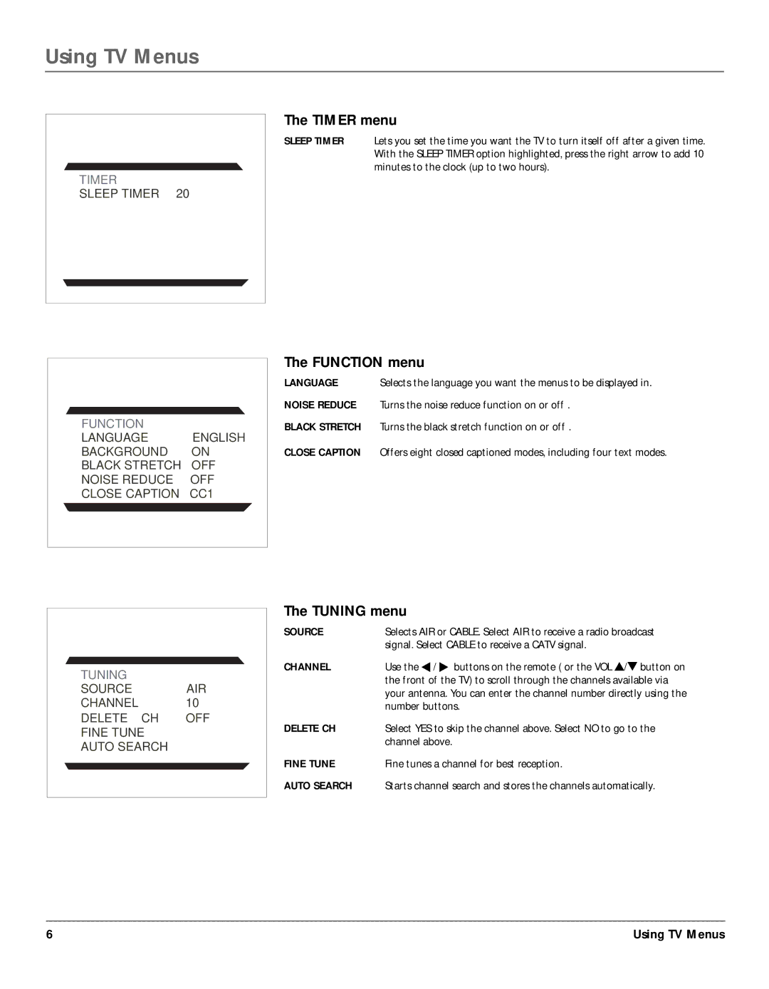 RCA 14F400T manual Timer menu, Function menu 