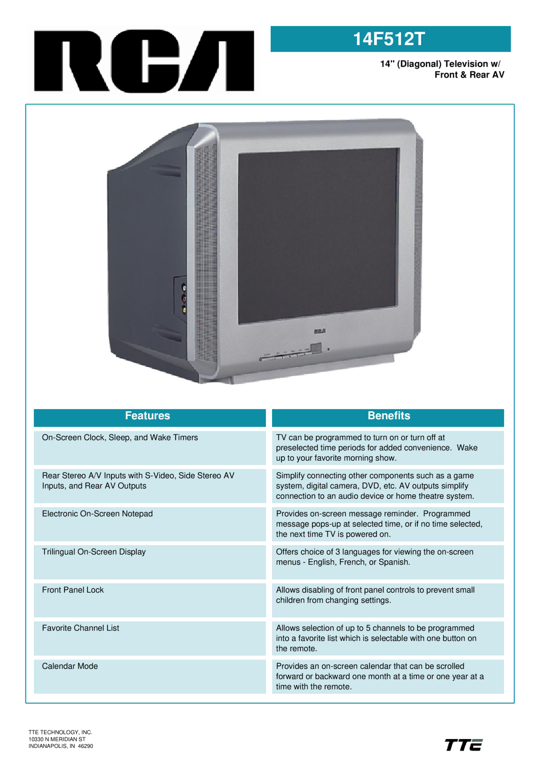 RCA 14F512T manual Features, Benefits 