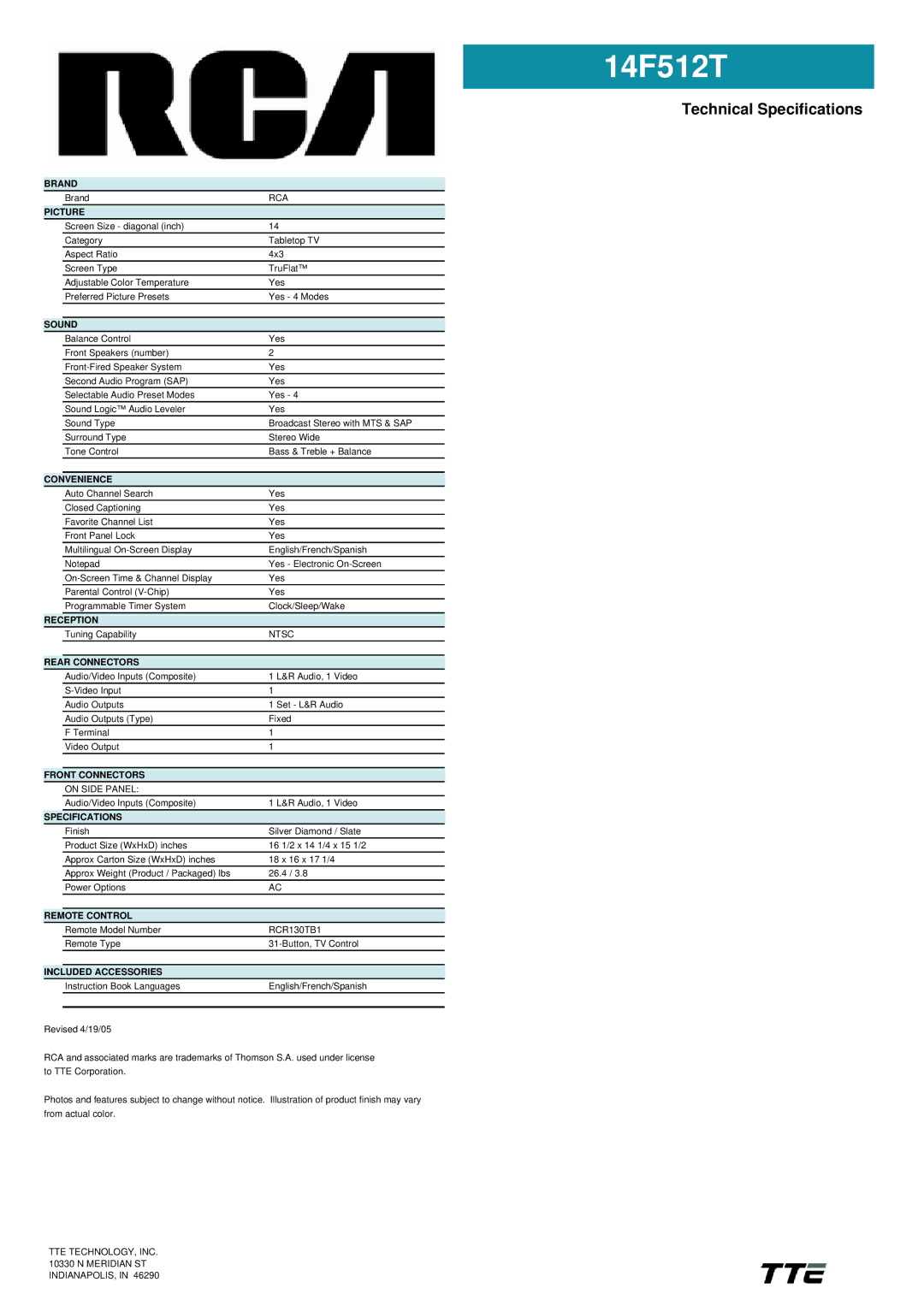 RCA 14F512T manual Brand, Picture, Sound, Convenience, Reception, Rear Connectors, Front Connectors, Specifications 