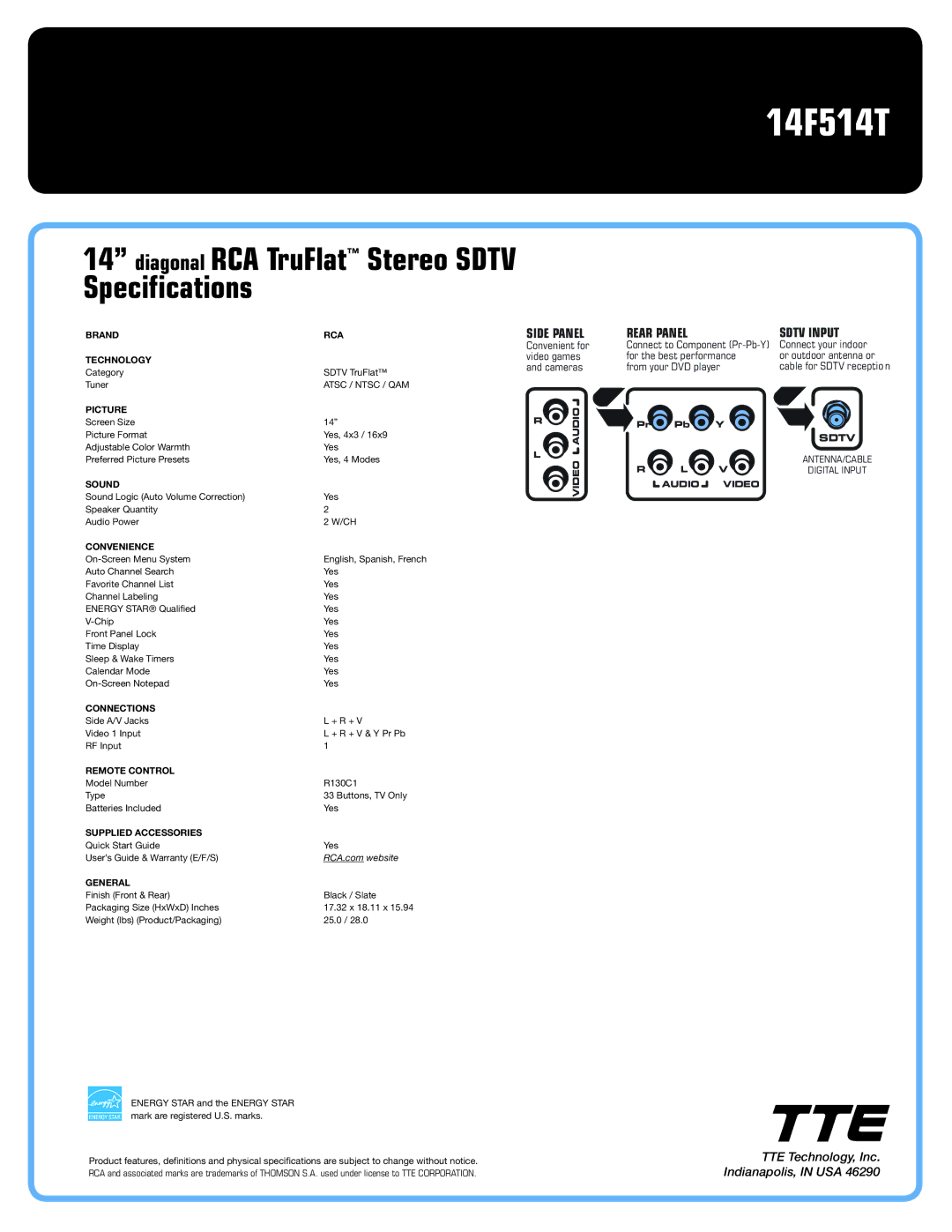 RCA 14F514T manual Diagonal RCA TruFlat Stereo Sdtv Specifications 