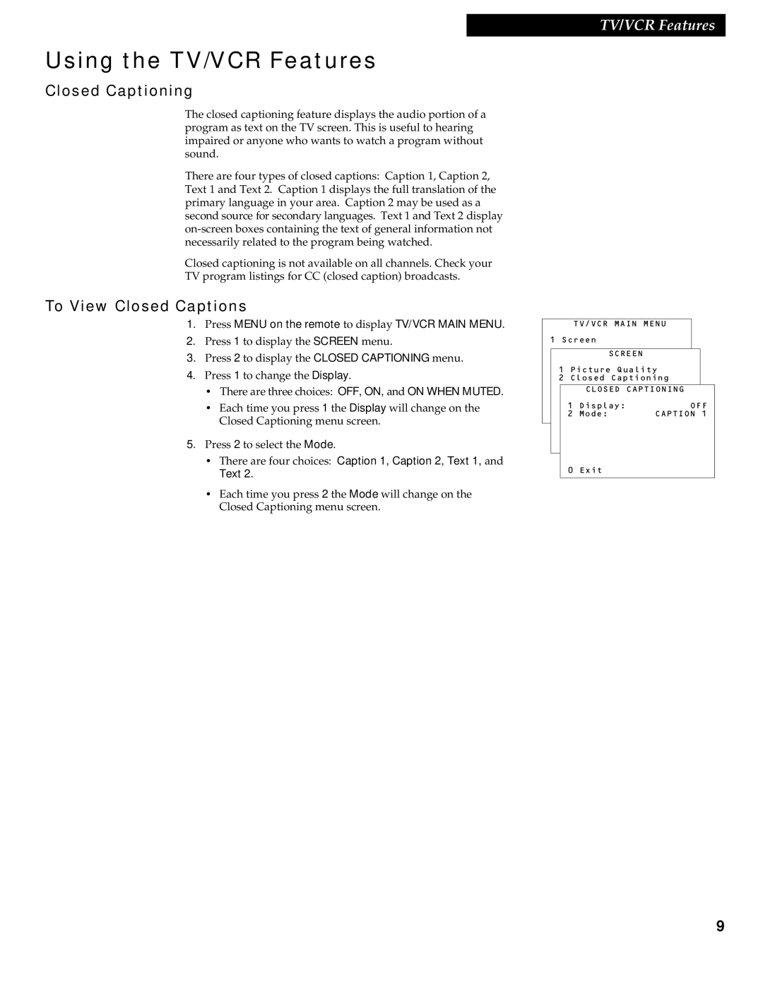 RCA 1539213A manual Closed Captioning, To View Closed Captions, Press Menu on the remote to display TV/VCR Main Menu 