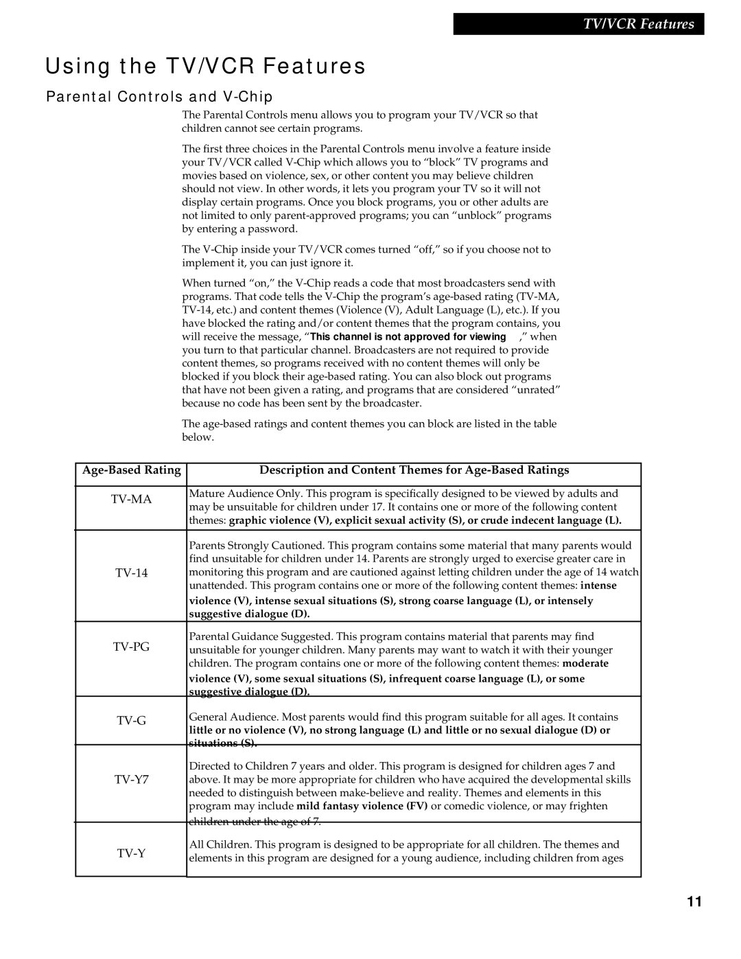 RCA 1539213A manual Parental Controls and V-Chip, Description and Content Themes for Age-Based Ratings 