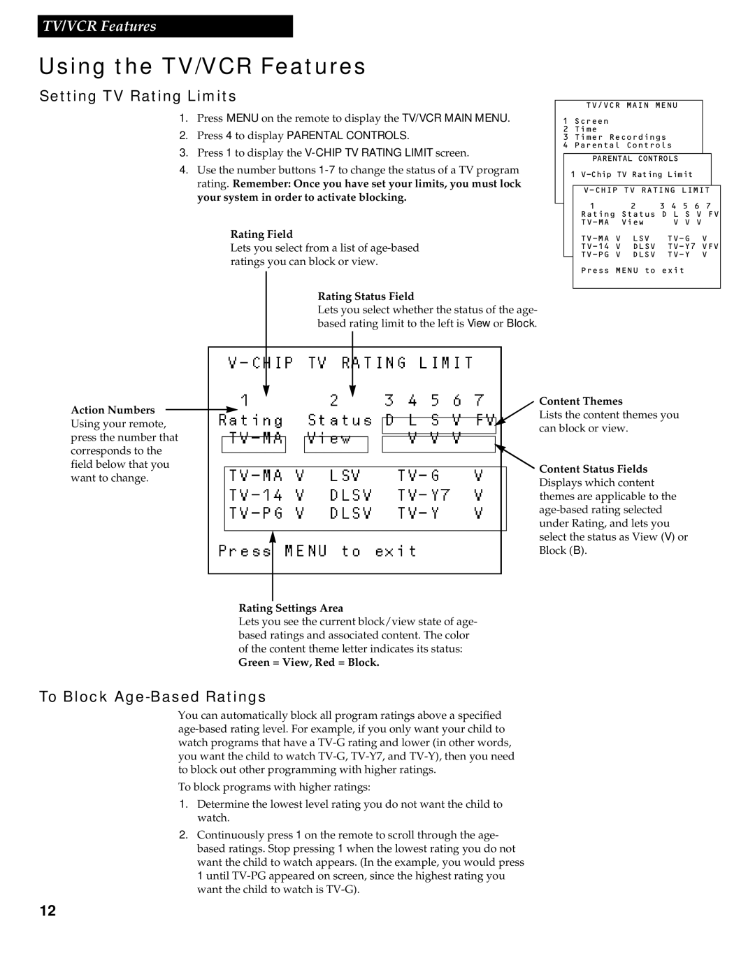 RCA 1539213A manual Setting TV Rating Limits, To Block Age-Based Ratings 