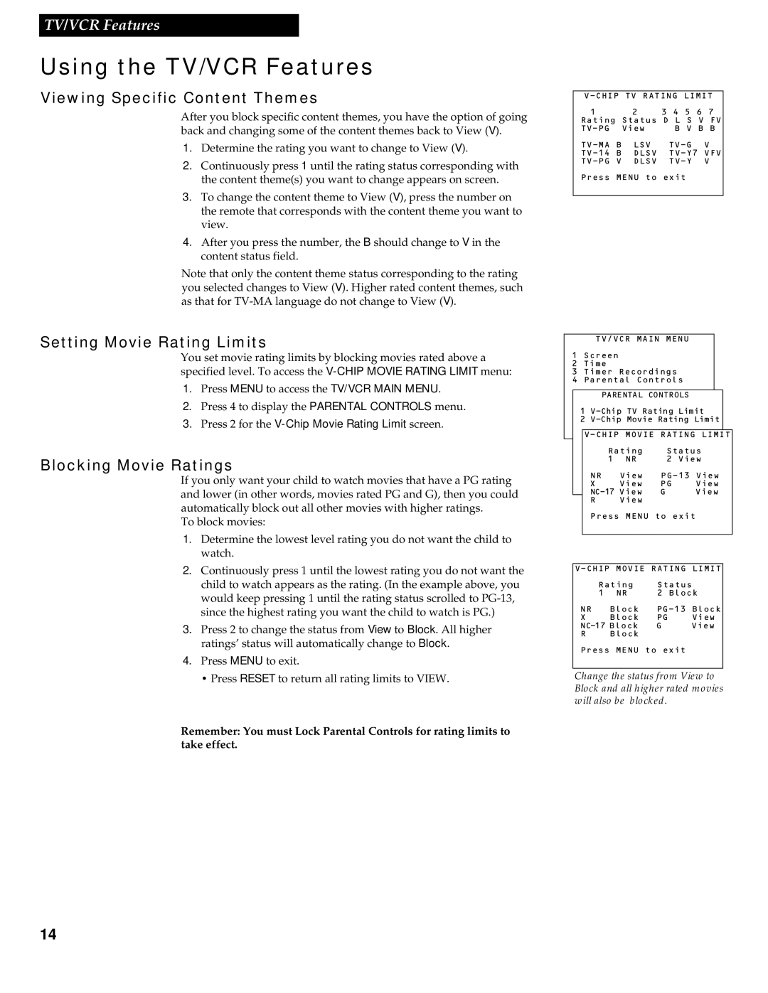 RCA 1539213A manual Viewing Specific Content Themes, Setting Movie Rating Limits, Blocking Movie Ratings 