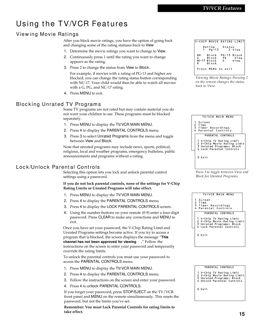 RCA 1539213A manual Viewing Movie Ratings, Blocking Unrated TV Programs, Lock/Unlock Parental Controls 