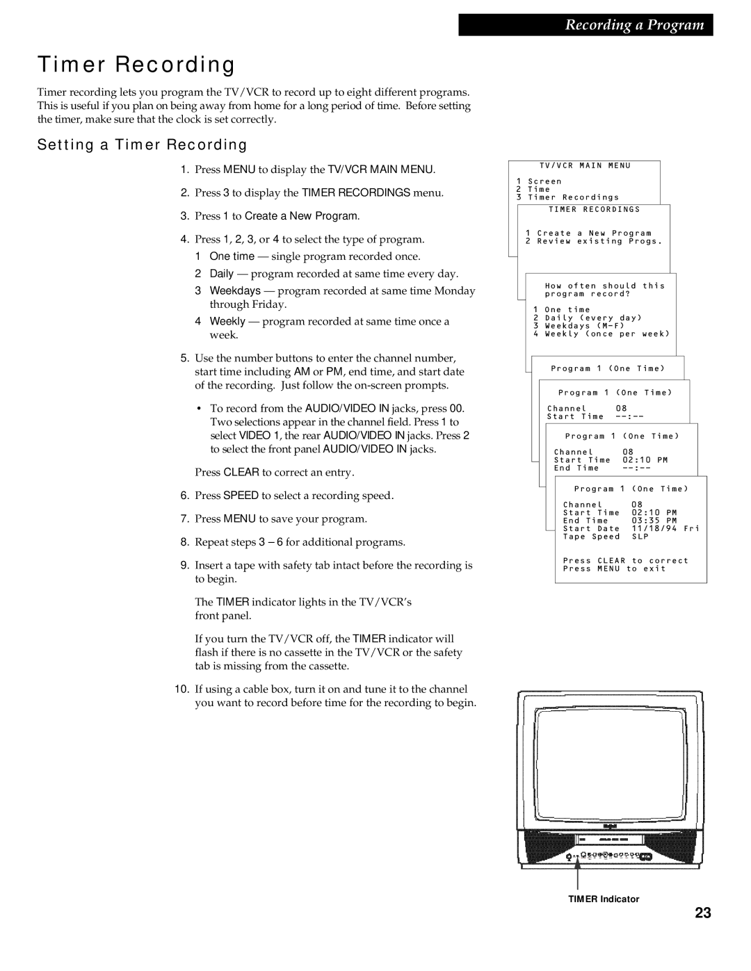 RCA 1539213A manual Setting a Timer Recording, Press 1 to Create a New Program 