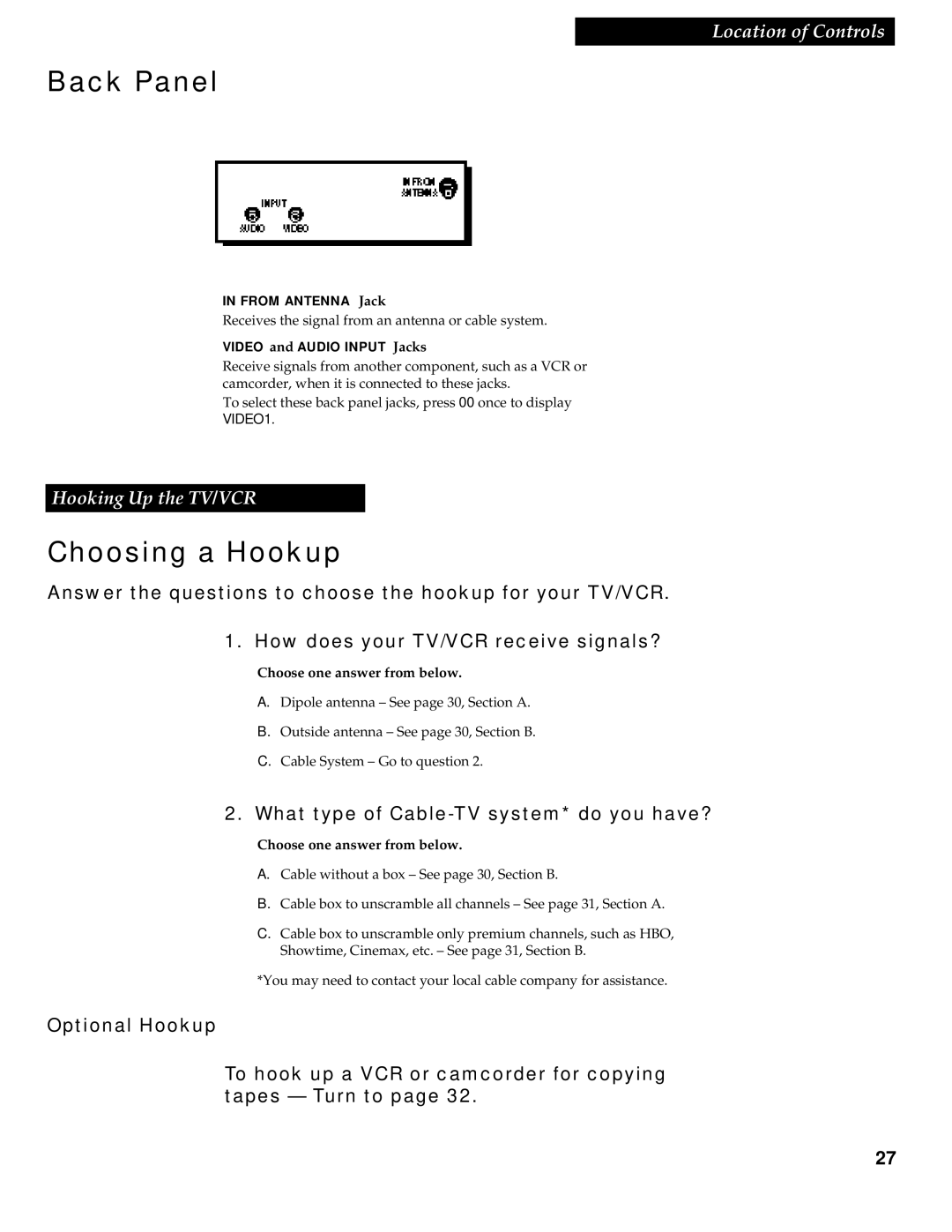 RCA 1539213A manual Back Panel, Choosing a Hookup, What type of Cable-TV system* do you have?, Choose one answer from below 