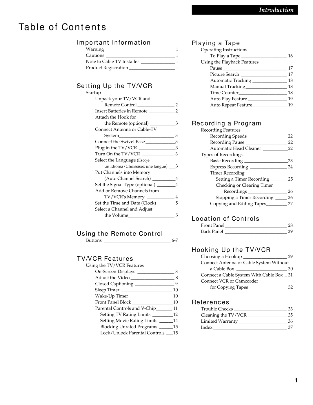 RCA 1539213A manual Table of Contents 