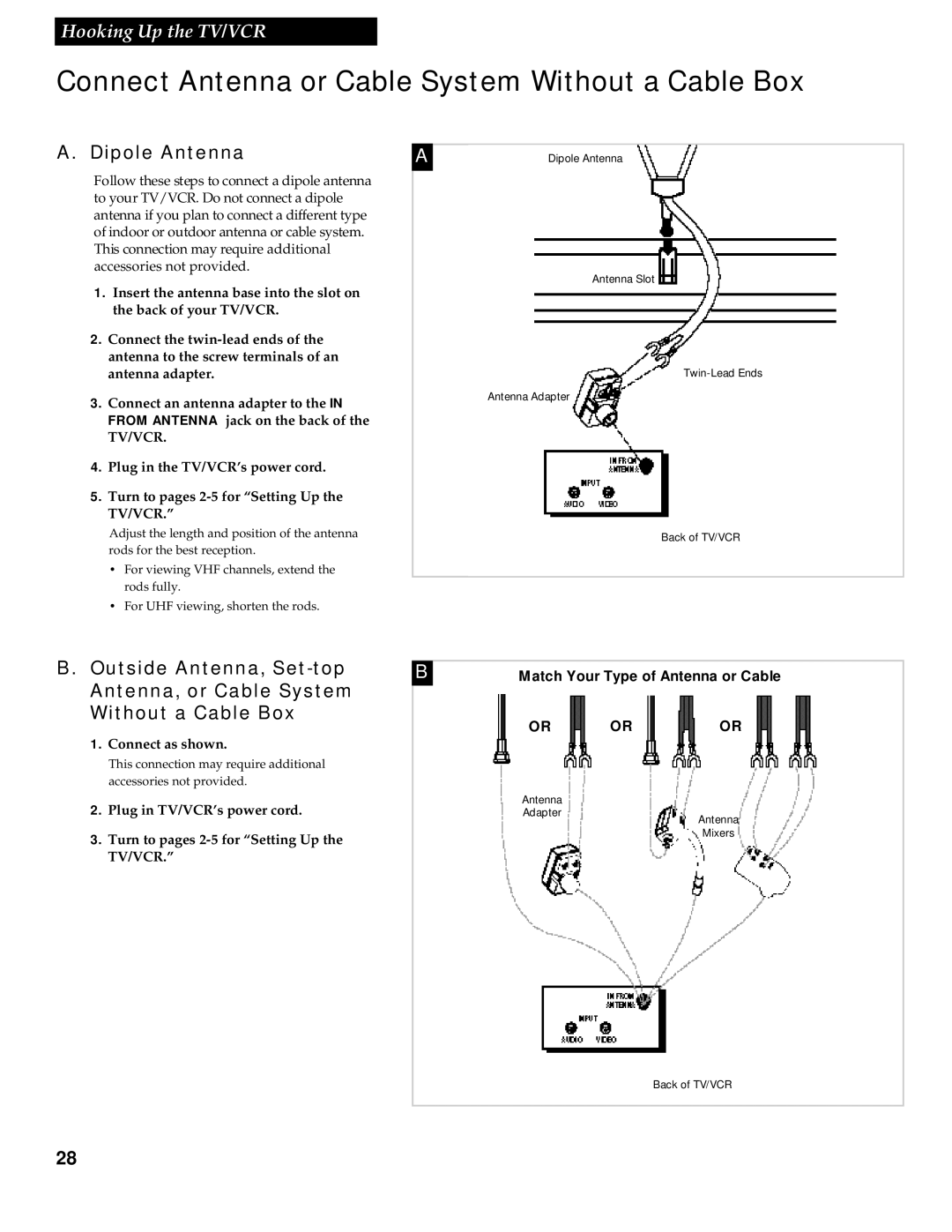 RCA 1539213A manual Connect Antenna or Cable System Without a Cable Box, Dipole Antenna, Connect as shown 