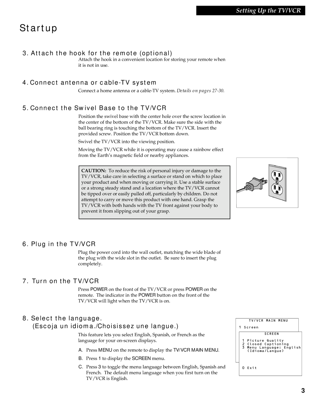 RCA 1539213A manual Attach the hook for the remote optional, Connect antenna or cable-TV system, Plug in the TV/VCR 