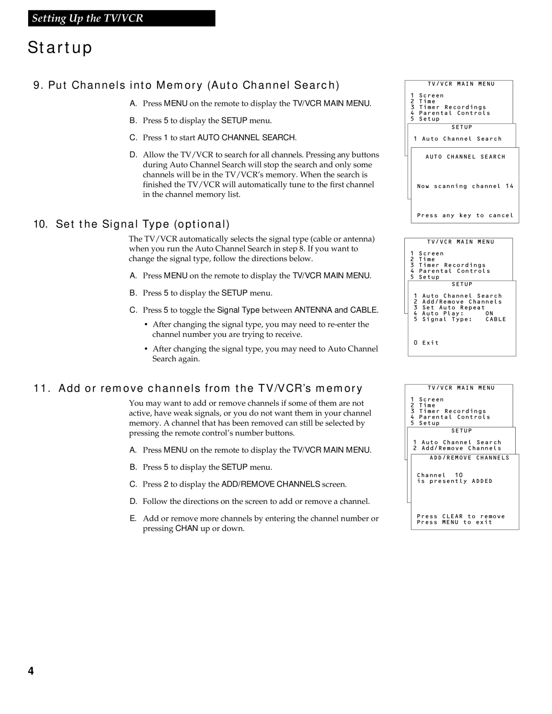 RCA 1539213A manual Put Channels into Memory Auto Channel Search, Set the Signal Type optional 