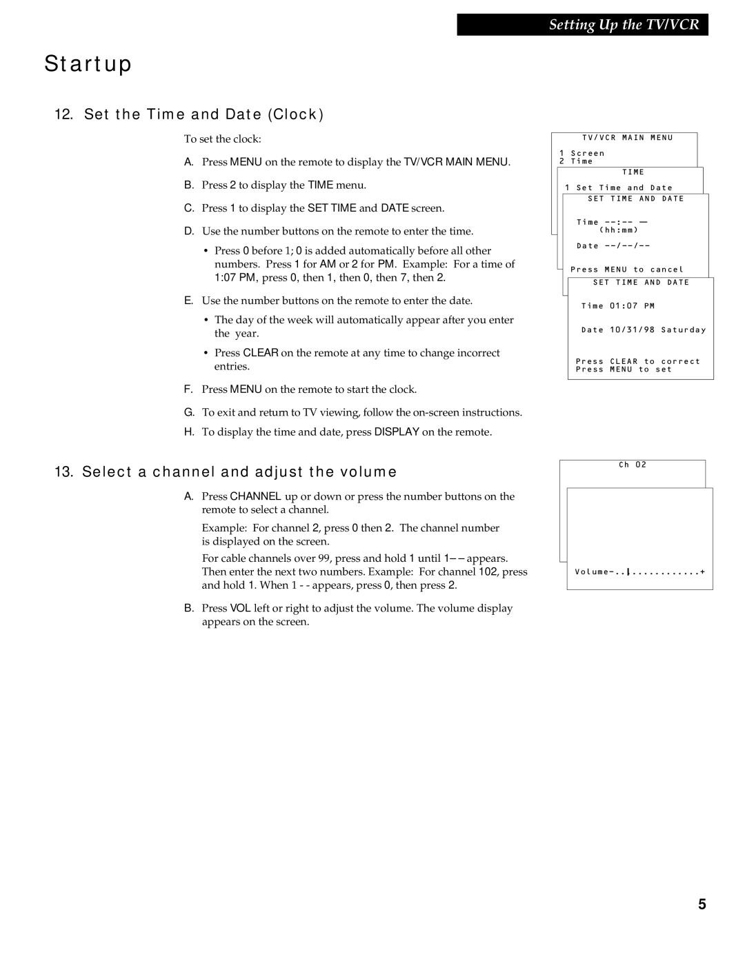 RCA 1539213A manual Set the Time and Date Clock, Select a channel and adjust the volume 