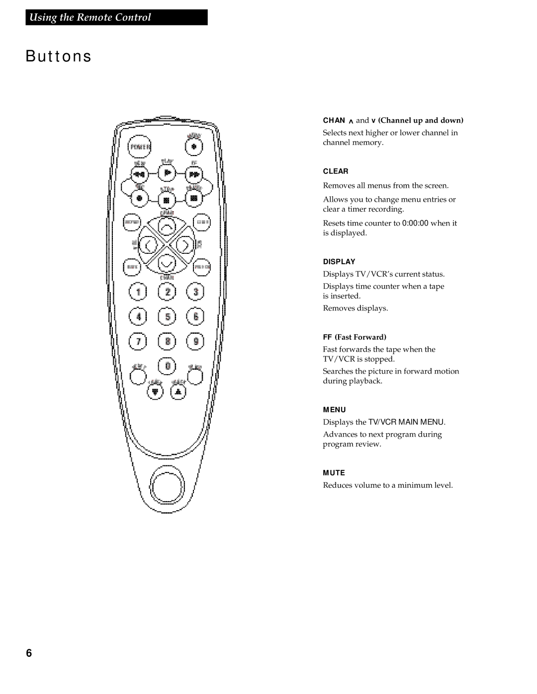 RCA 1539213A manual Buttons, Chan and v Channel up and down, FF Fast Forward, Displays the TV/VCR Main Menu 