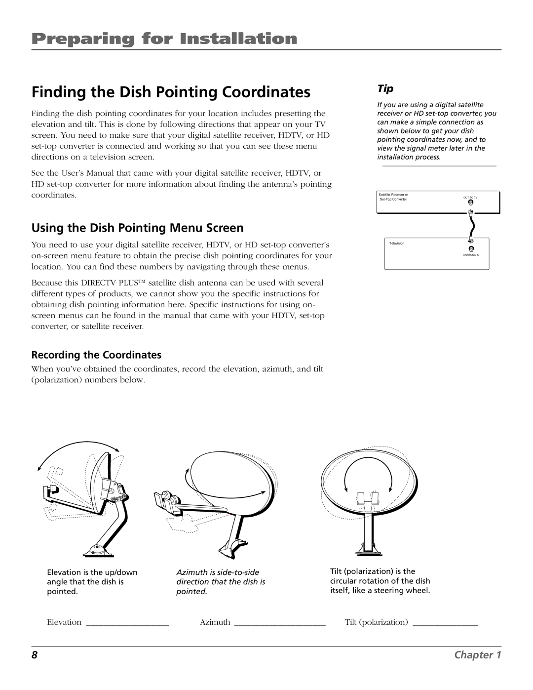 RCA 15407690 manual Finding the Dish Pointing Coordinates, Using the Dish Pointing Menu Screen, Recording the Coordinates 