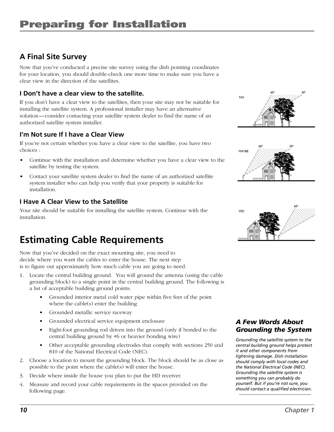 RCA 15407690 manual Estimating Cable Requirements, Final Site Survey, Don’t have a clear view to the satellite 