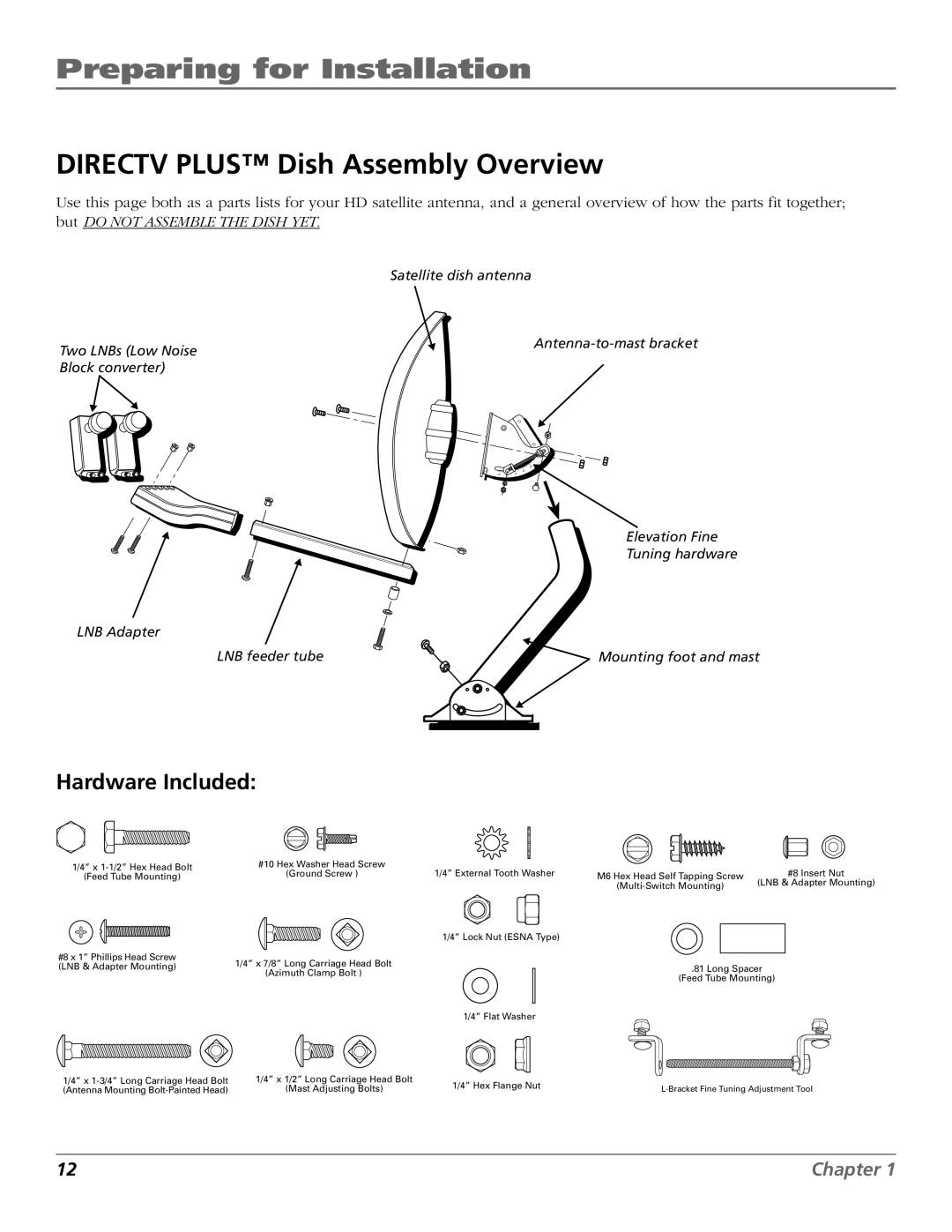 RCA 15407690 manual Directv Plus Dish Assembly Overview, Hardware Included 