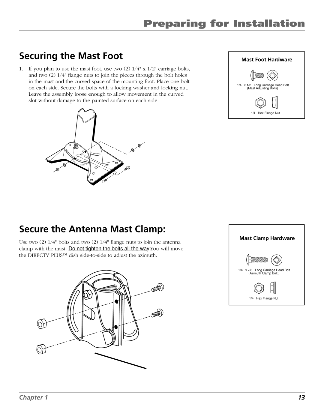 RCA 15407690 manual Securing the Mast Foot, Secure the Antenna Mast Clamp, Mast Foot Hardware, Mast Clamp Hardware 